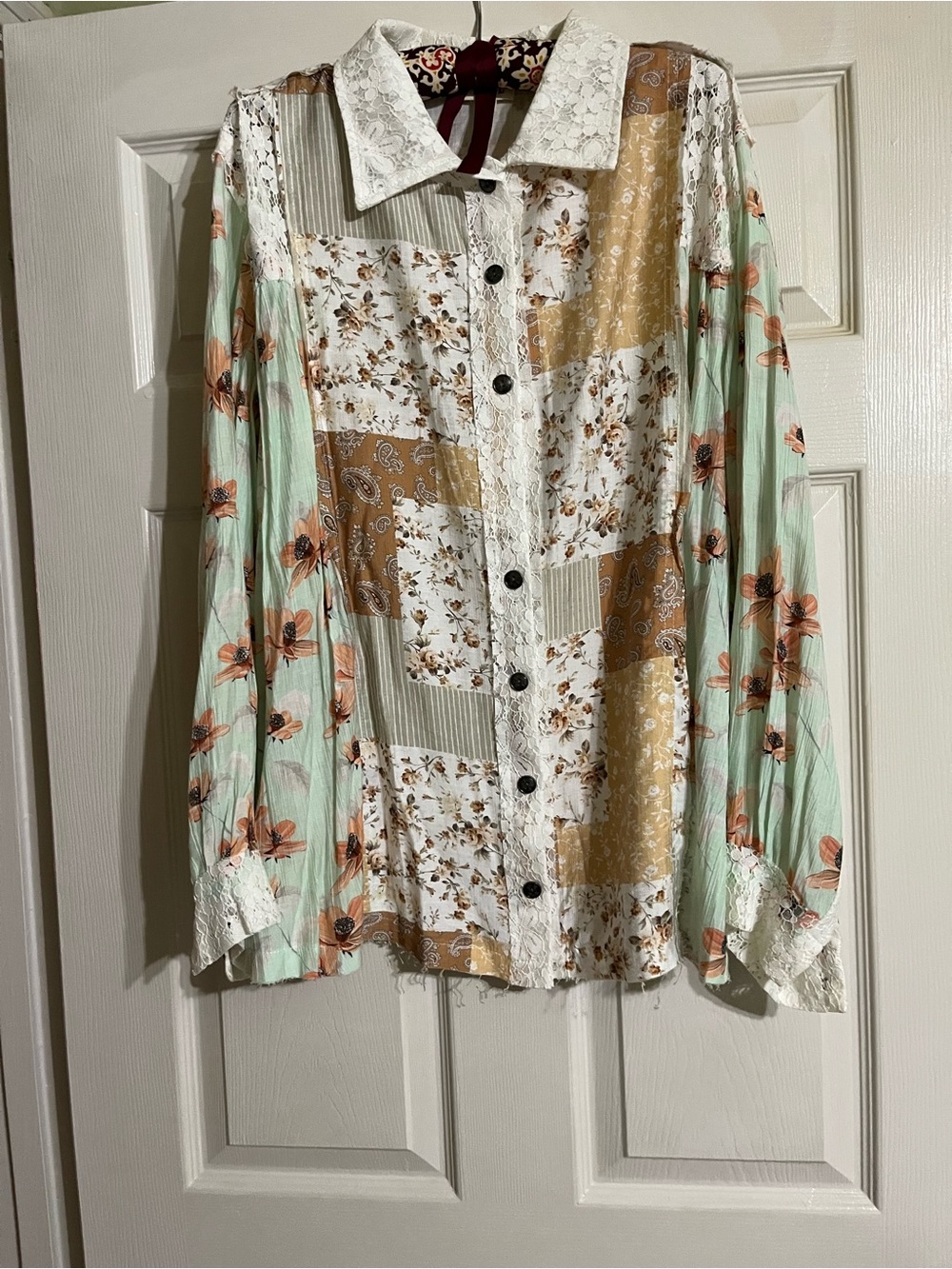 POL Patchwork Floral Button-Front Blouse in Mint, Tan, and White